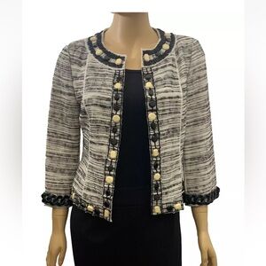WORTH Womens Embelished Tweed Jacket Collarless 3/4 Sleeve Size-8